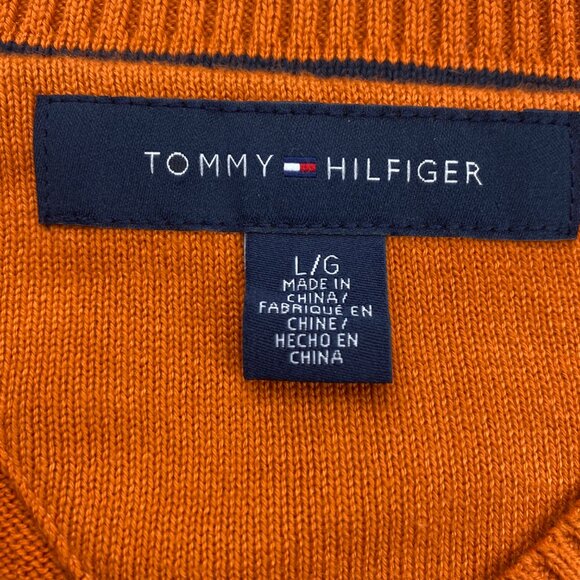 Tommy Hilfiger Argyle Sweater Men Large L Orange White Diamond Pattern Preppy - Picture 4 of 8